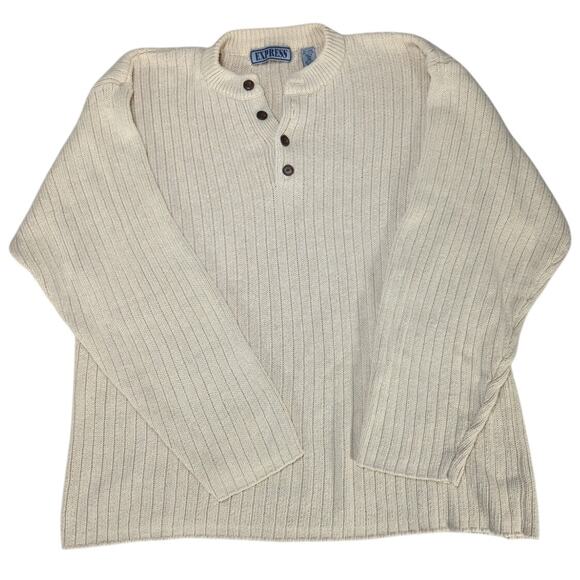 Express Mens Sweater Medium Beige Ramie Cotton Knit Henley Button Pullover - Picture 1 of 9